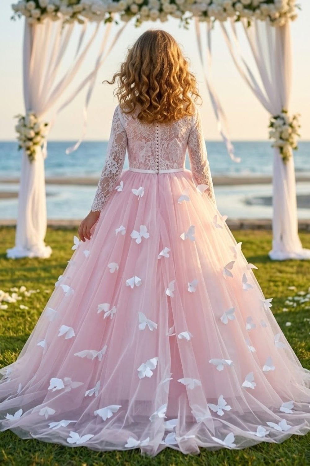 Pink A Line Round Neck Long Sleeve Lace Tulle Flower Girl Dress