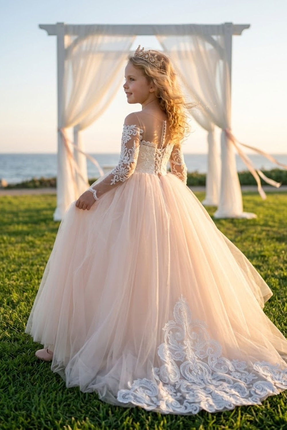 Pink A Line Round Neck Long Sleeve Lace Tulle Flower Girl Dress