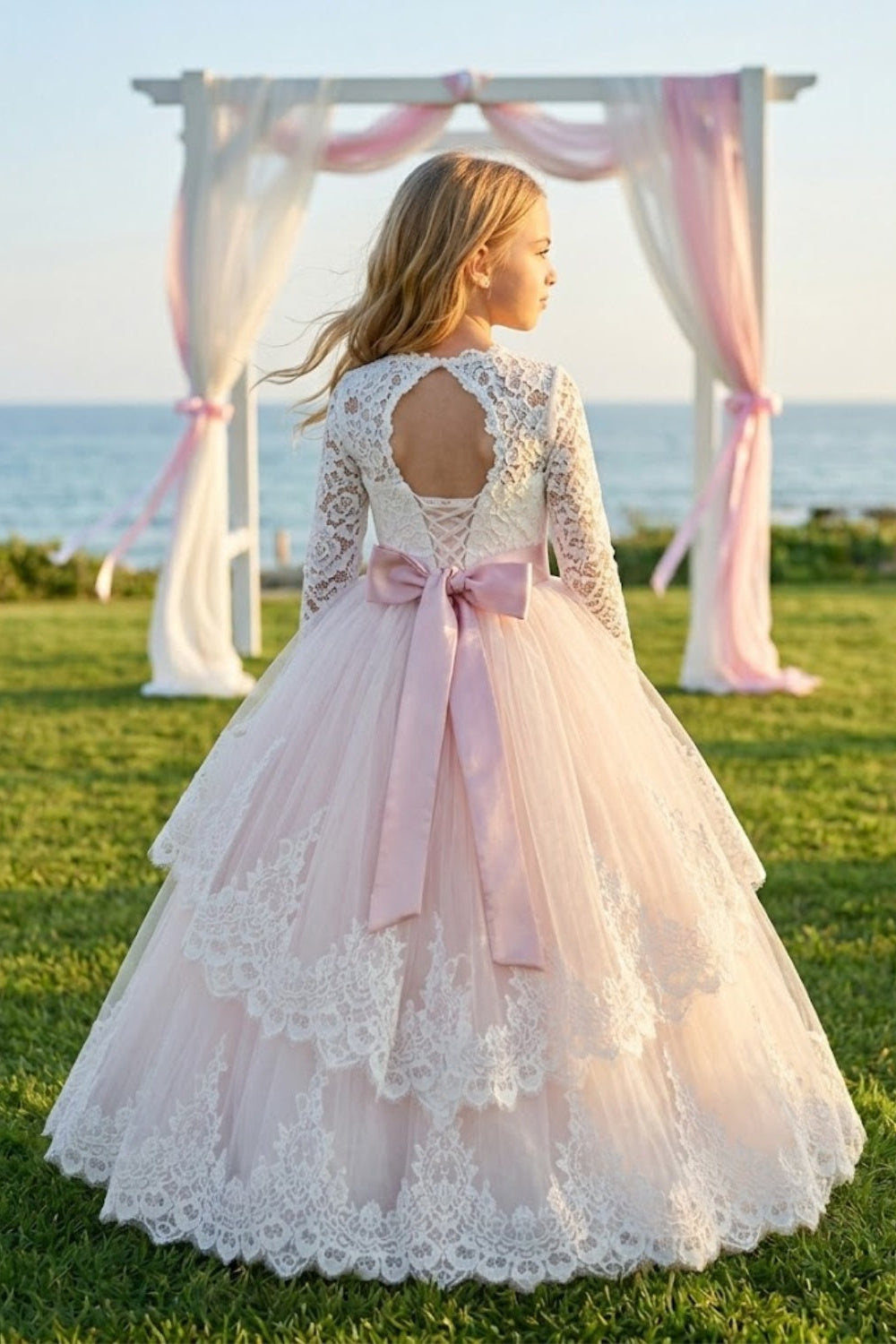 Blush Pink A Line Round Neck Lace and Tulle Flower Girl Dress