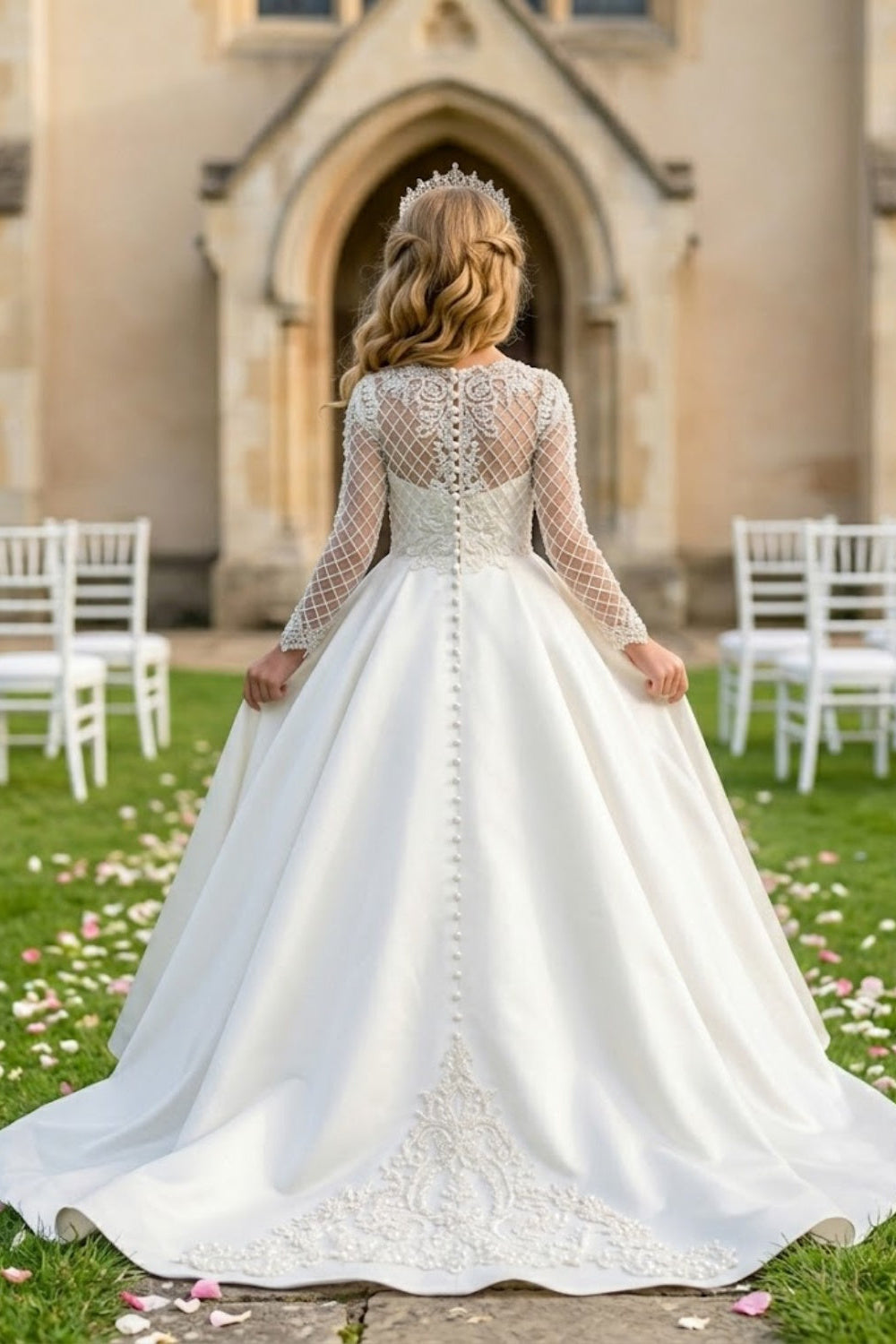 White A Line Round Neck Long Sleeve Lace Satin Flower Girl Dress
