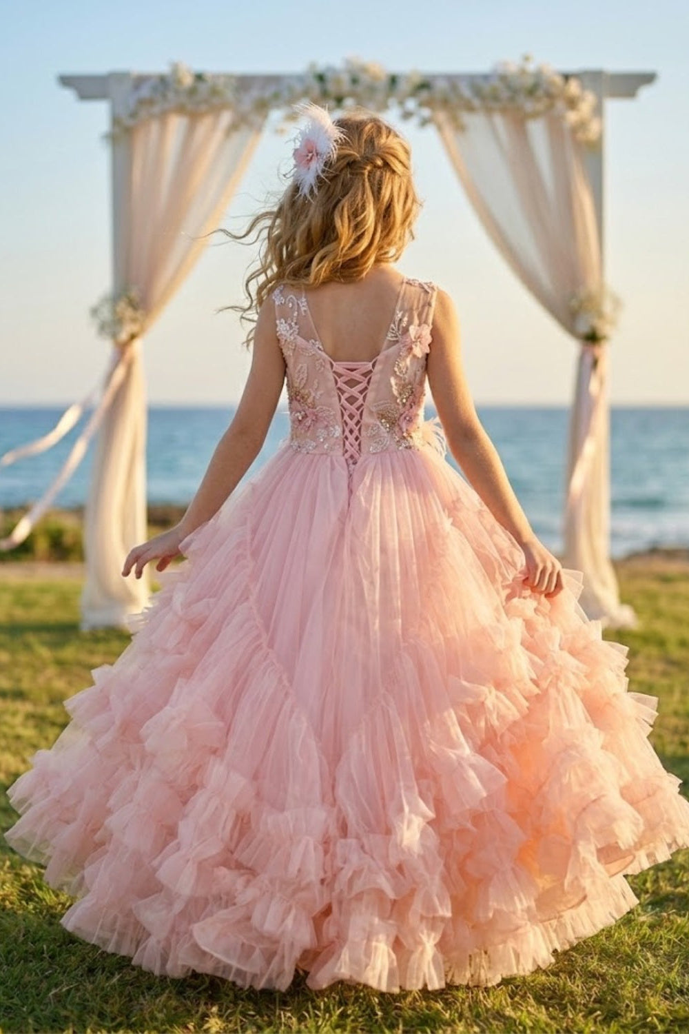 Pink A Line Round Neck Sleeveless Tulle Flower Girl Dress