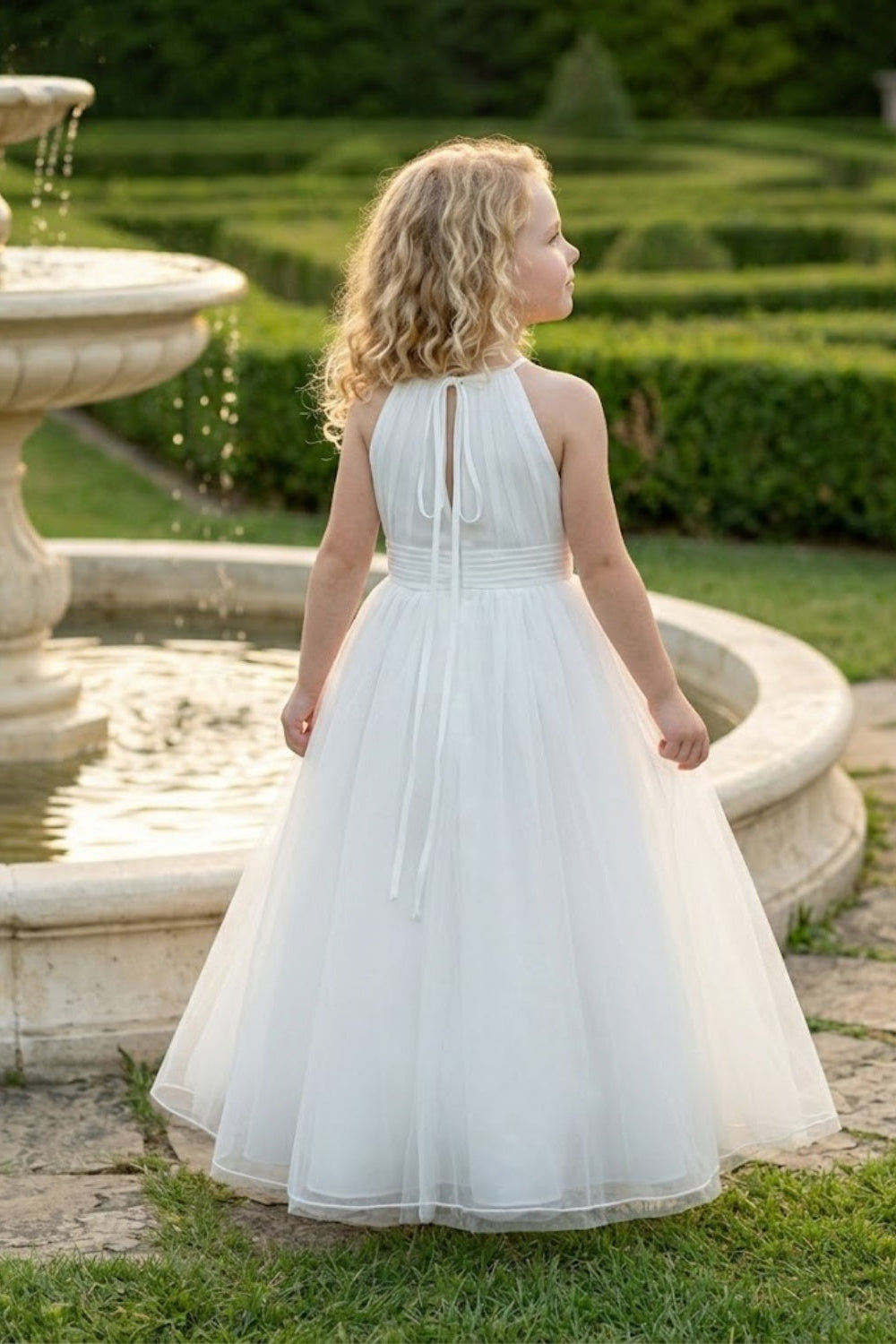 White A Line Halter Neck Sleeveless Chiffon Flower Girl Dress