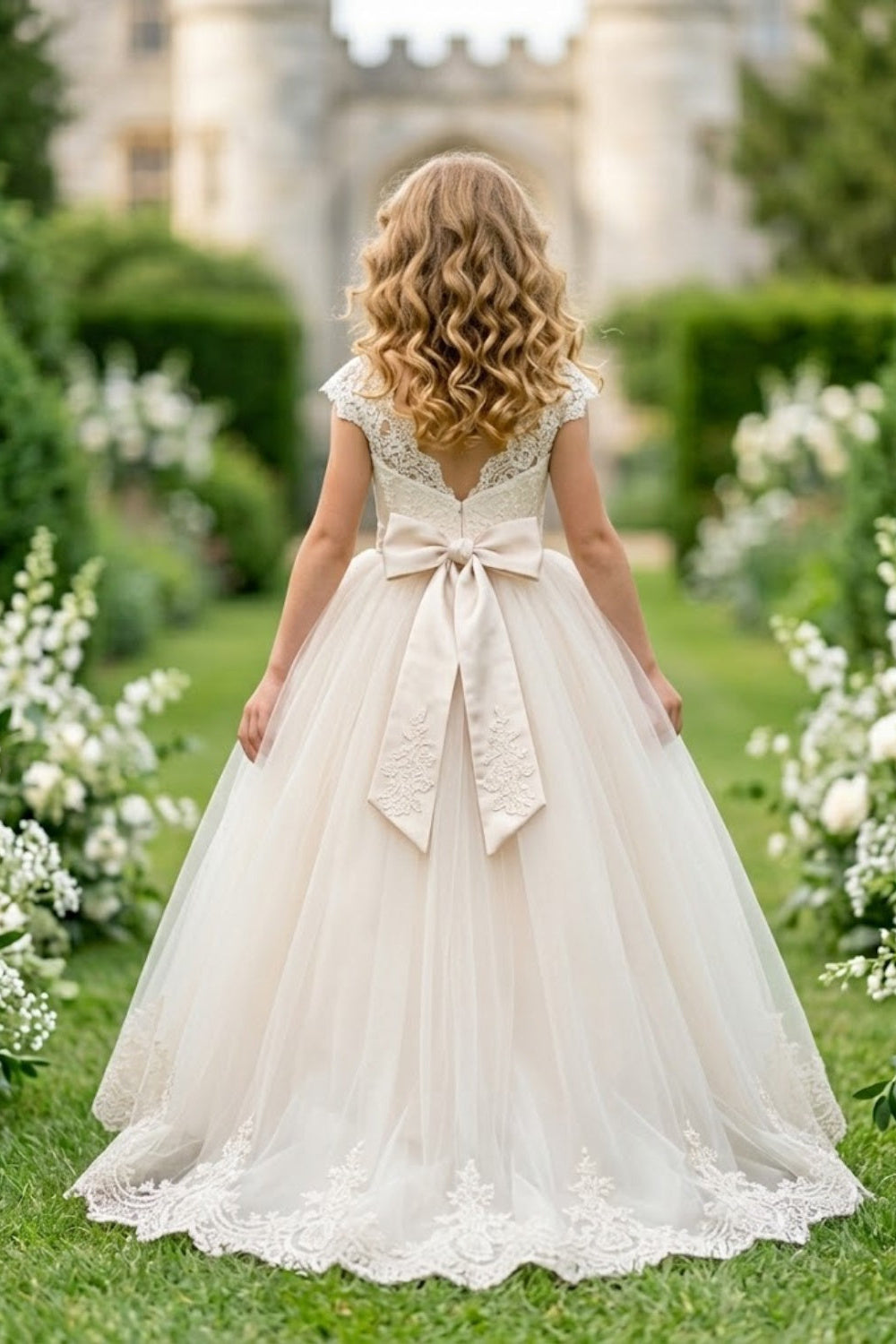 Champagne A Line Round Neck Short Sleeve Lace Tulle Flower Girl Dress