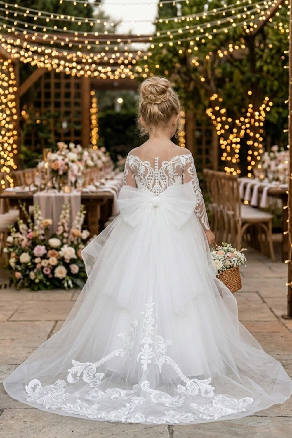 White A Line Round Neck Long Sleeve Lace Tulle Flower Girl Dress
