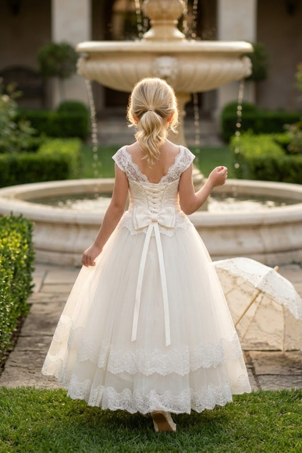 White A Line Round Neck Short Sleeve Tulle Flower Girl Dress with Lace