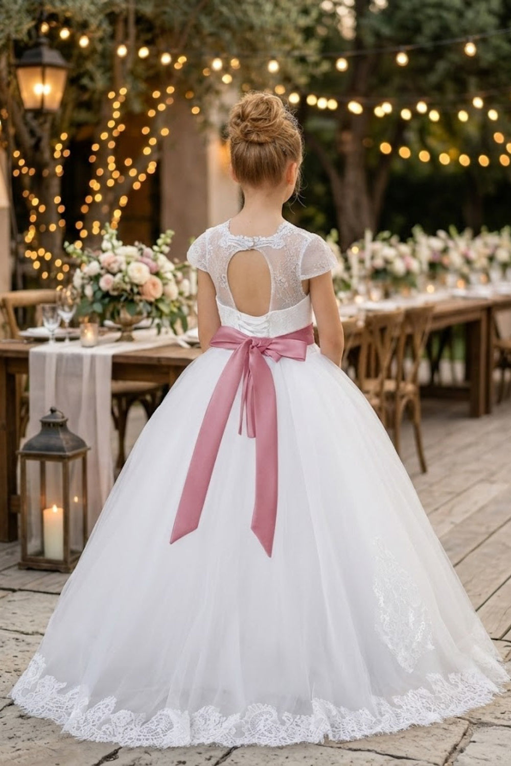 White A Line Round Neck Lace Tulle Flower Girl Dress with Lace