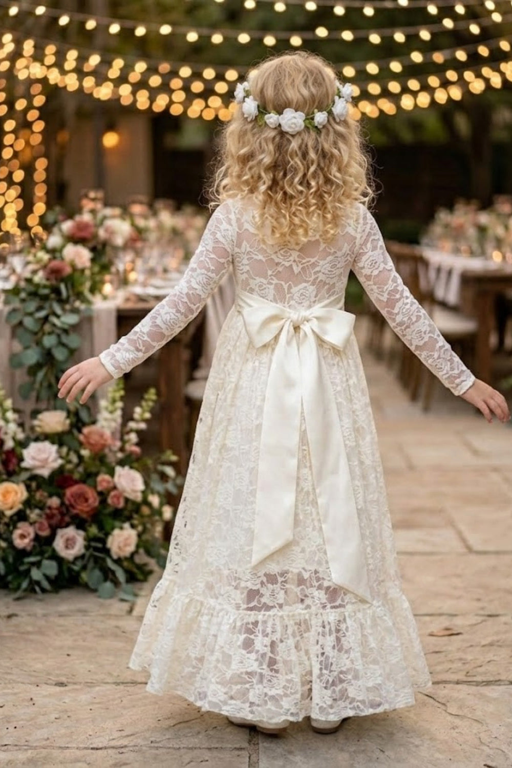 Ivory A Line Round Neck Long Sleeve Lace Flower Girl Dress