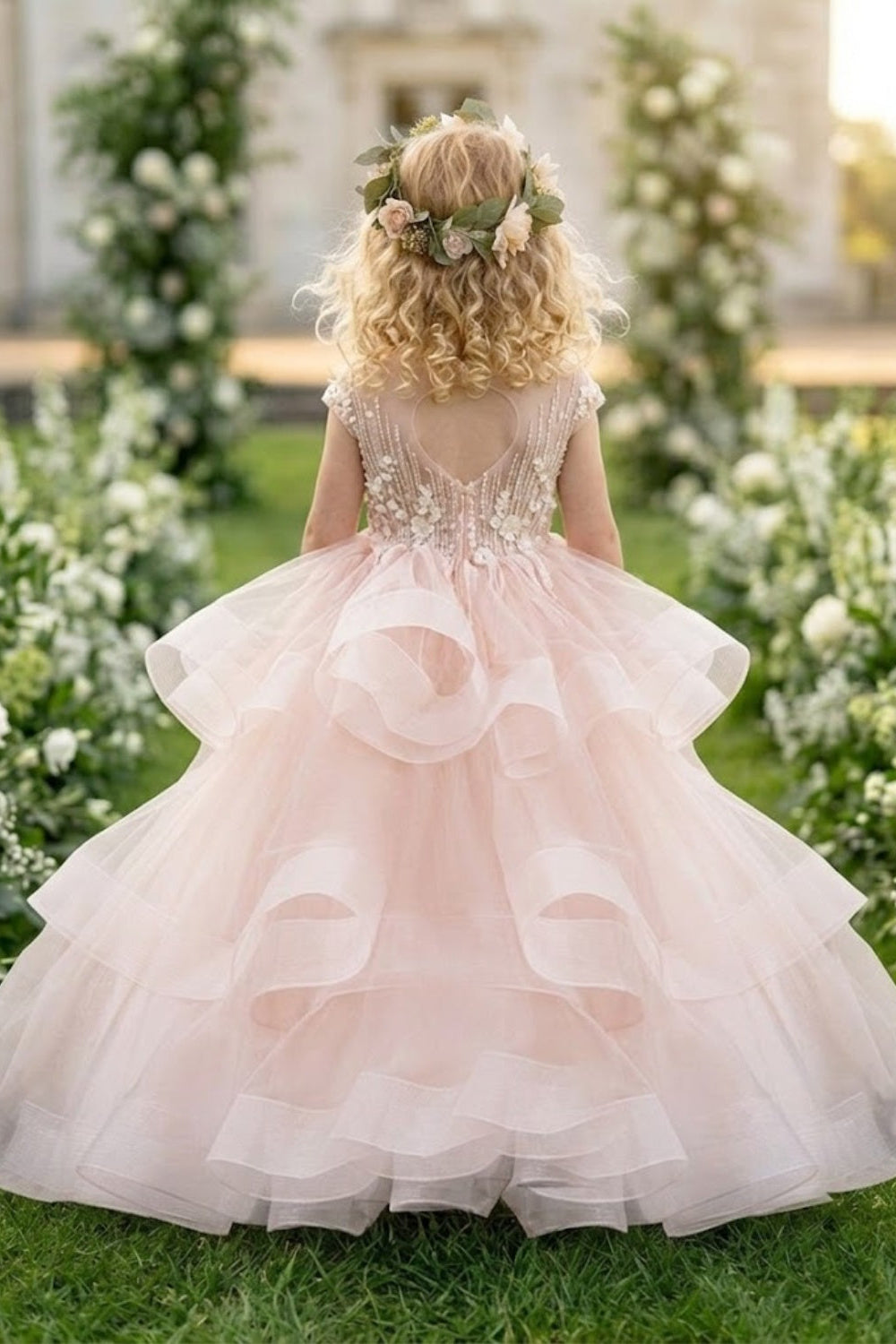 Pink A Line Round Neck Short Sleeve Lace Tulle Flower Girl Dress