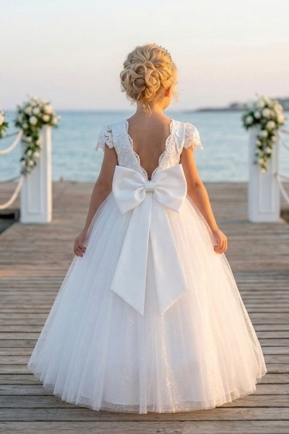 White A Line Round Neck Lace Tulle Flower Girl Dress