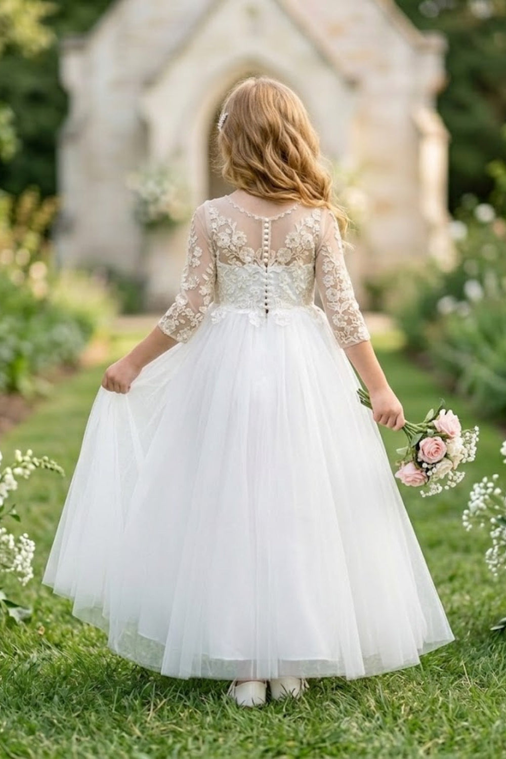 White A Line Round Neck Long Sleeve Lace Tulle Flower Girl Dress