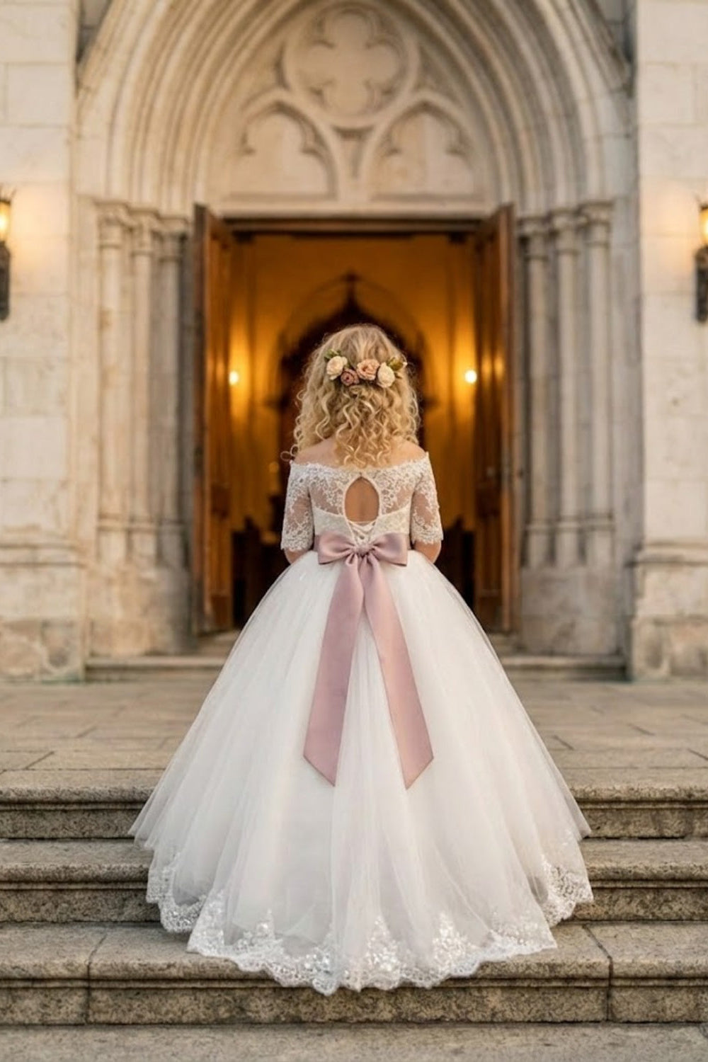 White A Line Off Shoulder Half Sleeve Lace Tulle Flower Girl Dress