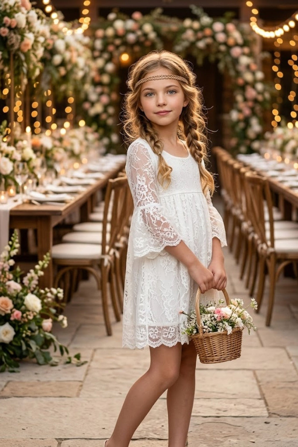 White A Line Round Neck Half Sleeve Lace Flower Girl Dress