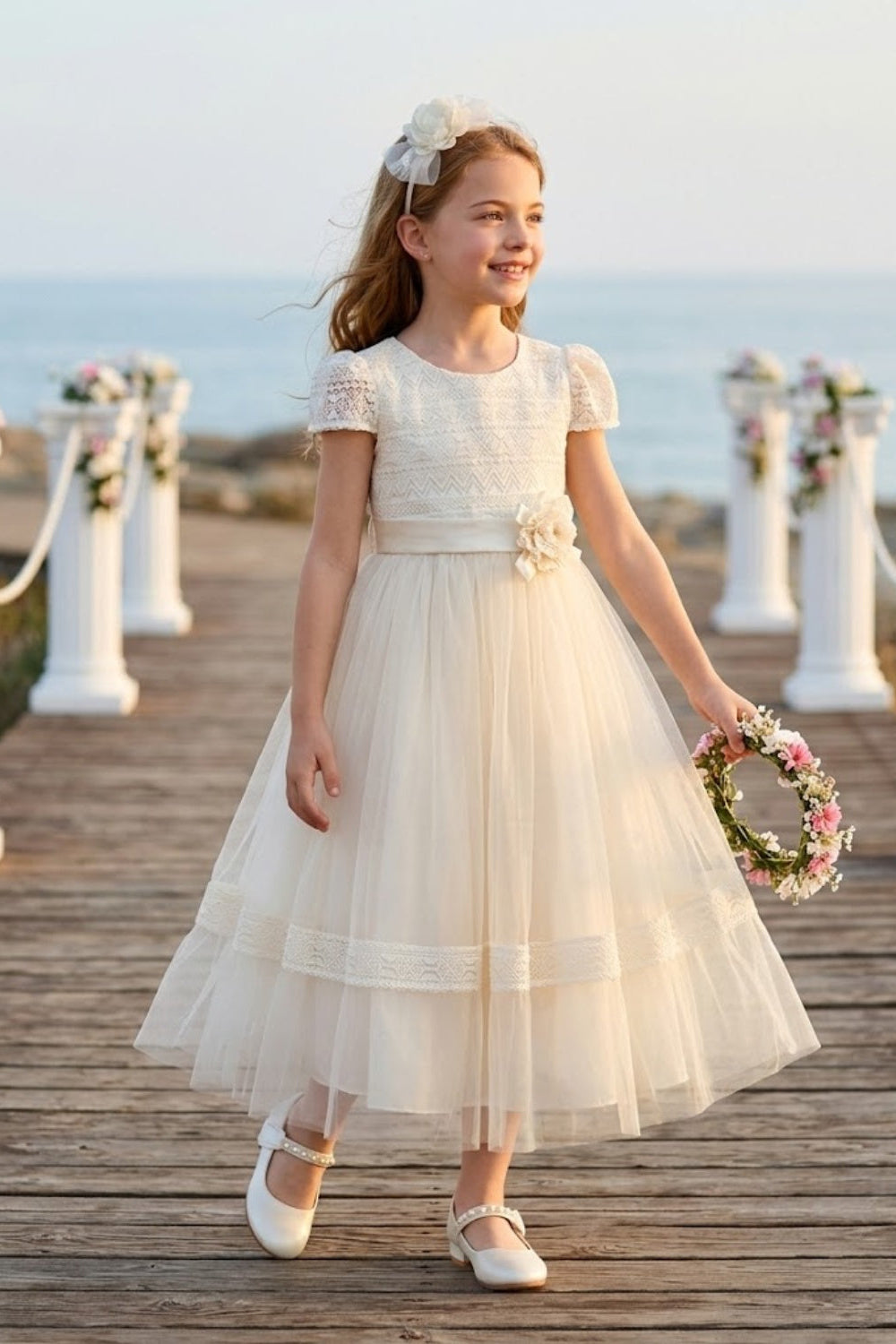 Ivory A-Line Round Neck Lace and Tulle Flower Girl Dress