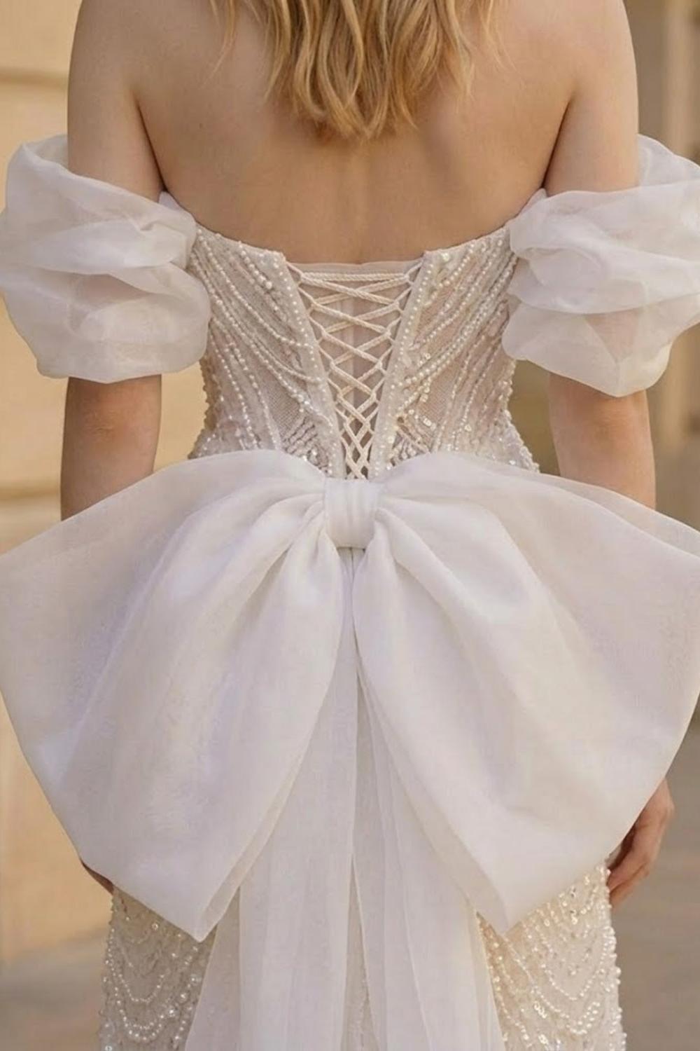 Sparkly Ivory A Line Off the Shoulder Long Prom Dress with Bow