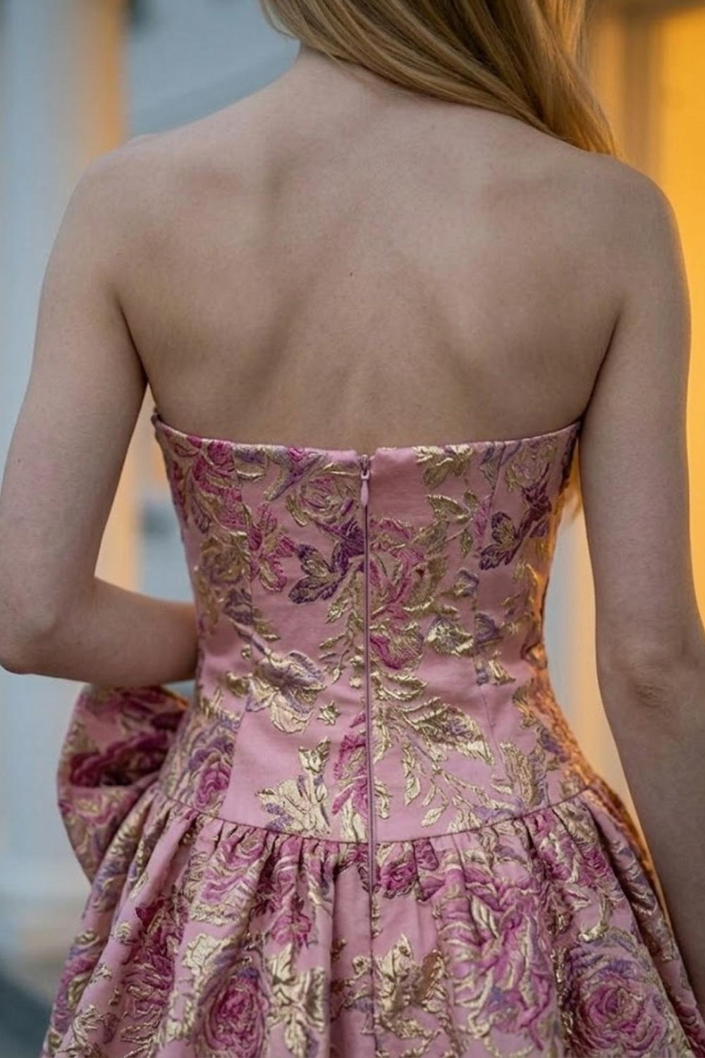 Pink Floral Strapless A Line Long Prom Dress with Bow