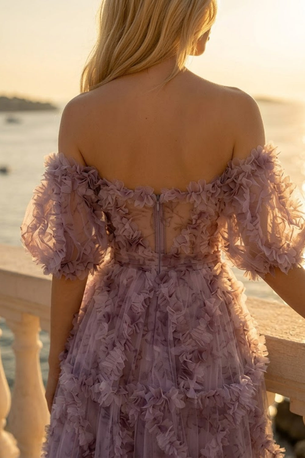 Lavender A Line Off Shoulder Long Prom Dress with 3D Flowers
