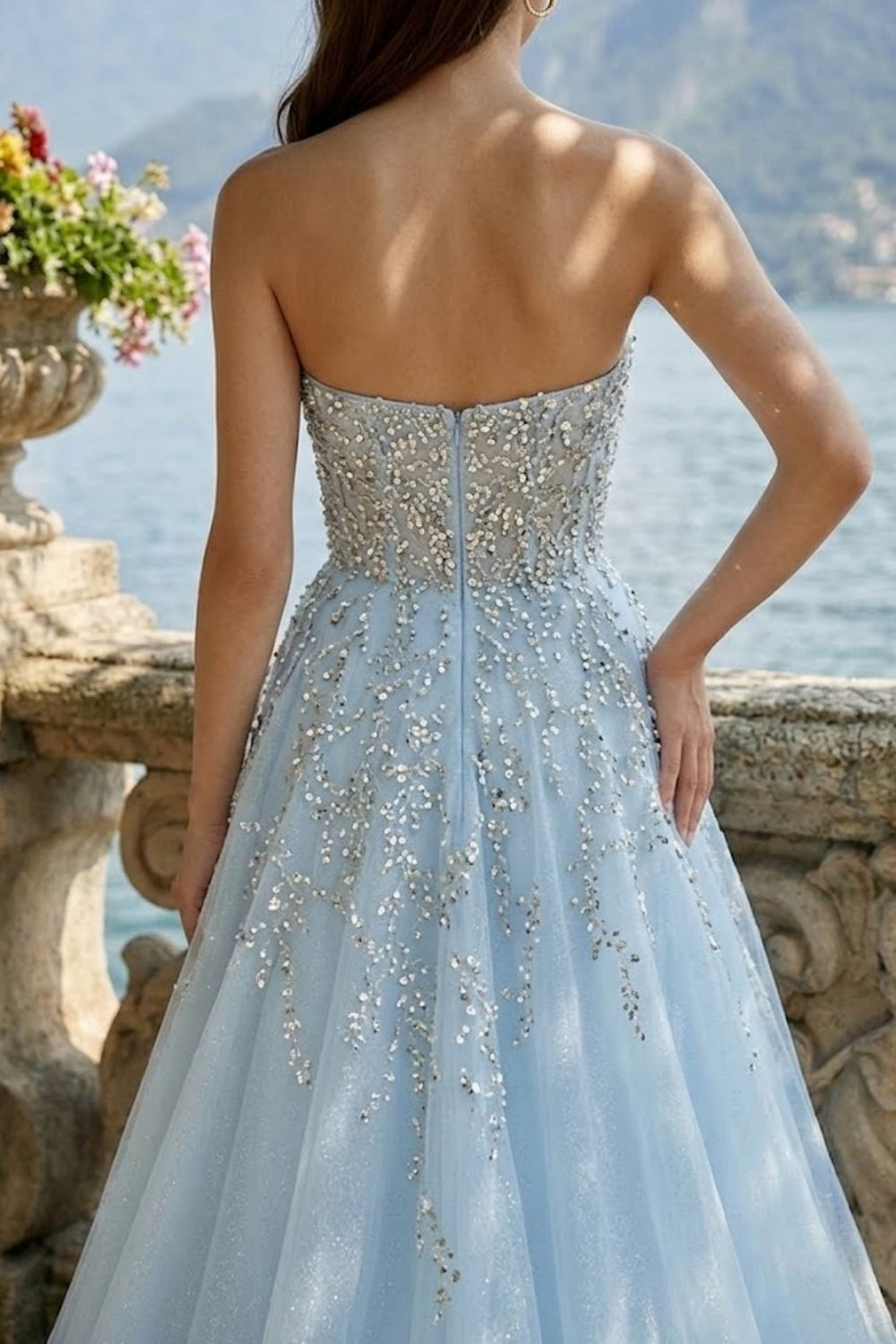 Sparkly Light Blue A Line Strapless Long Prom Dress with Slit