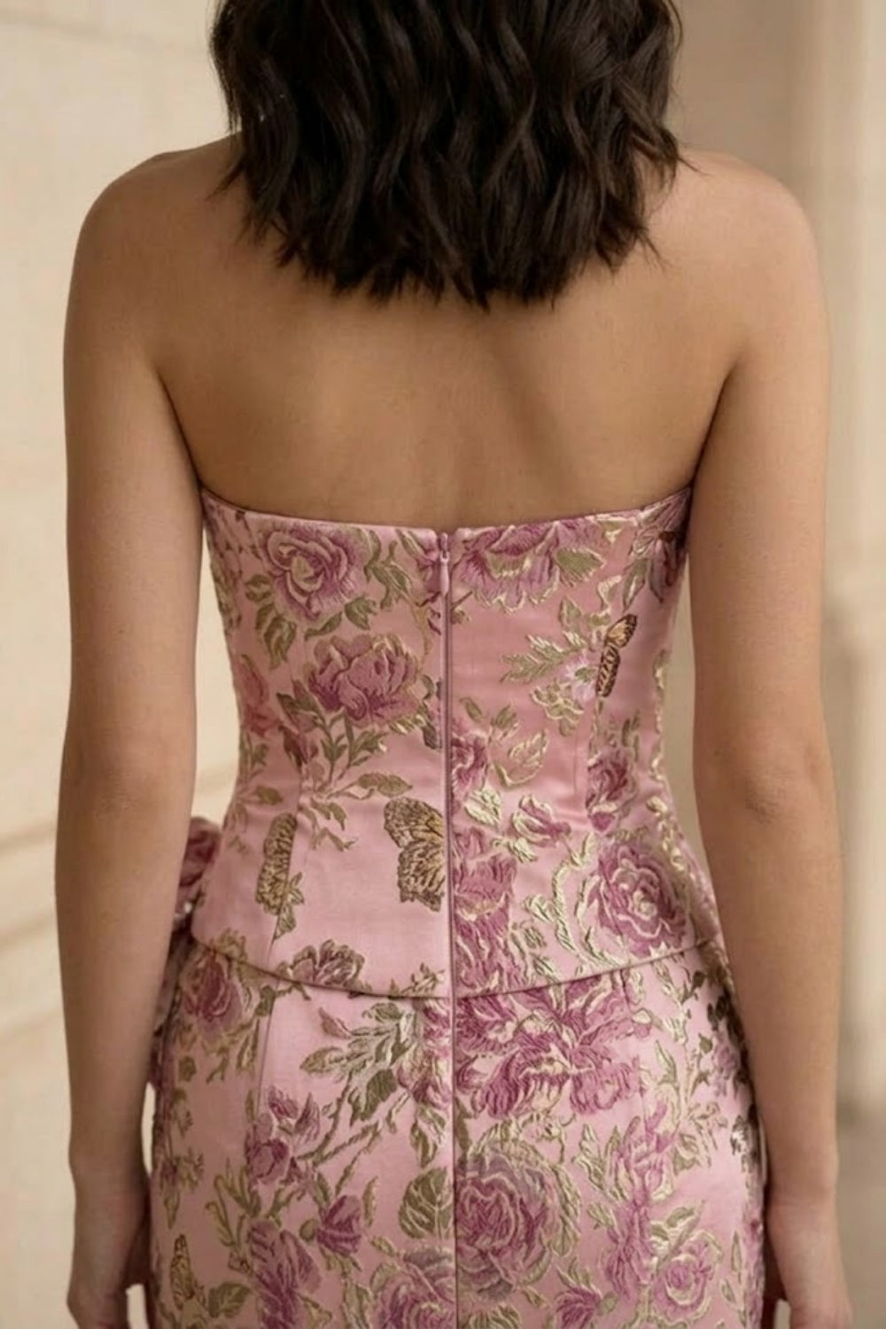 Pink Floral Mermaid Strapless Long Bow Prom Dress with Slit