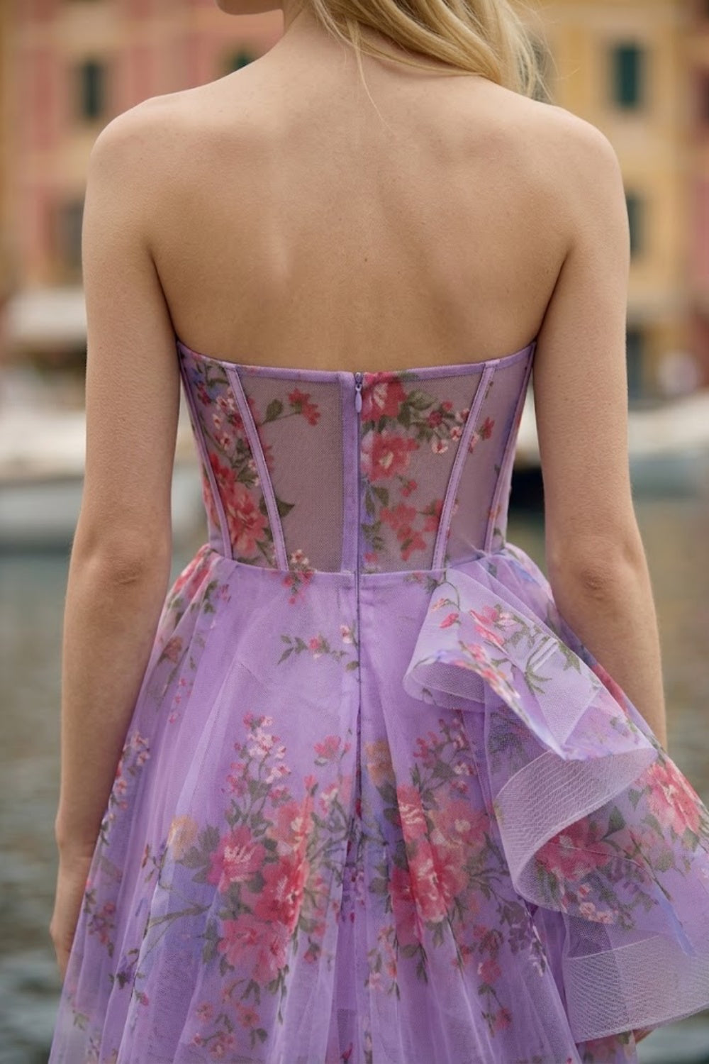 Purple Floral A Line Sweetheart Maxi Prom Dress with Ruffles