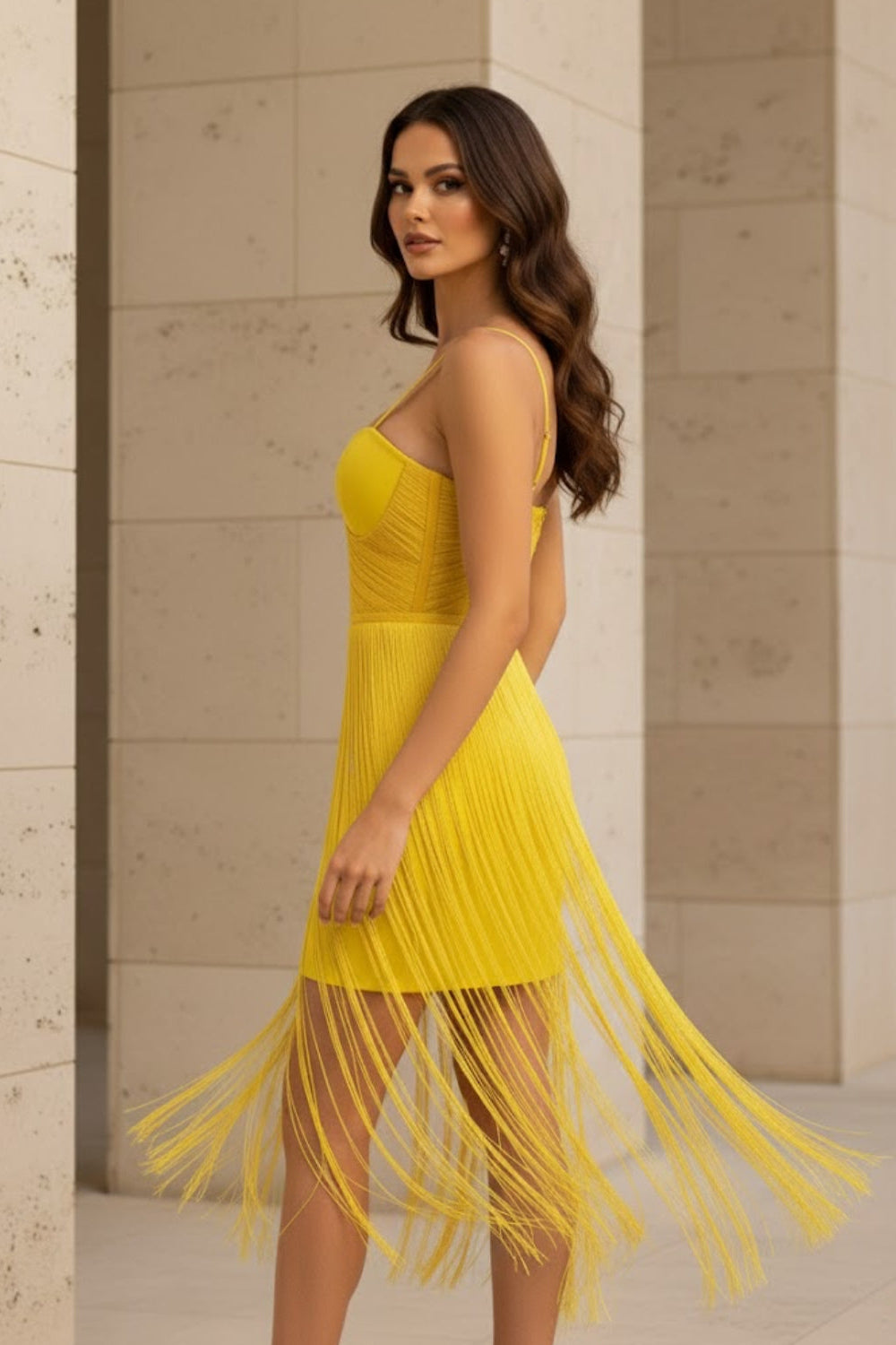 Yellow Sheath Spaghetti Straps Long Prom Dress with Fringes