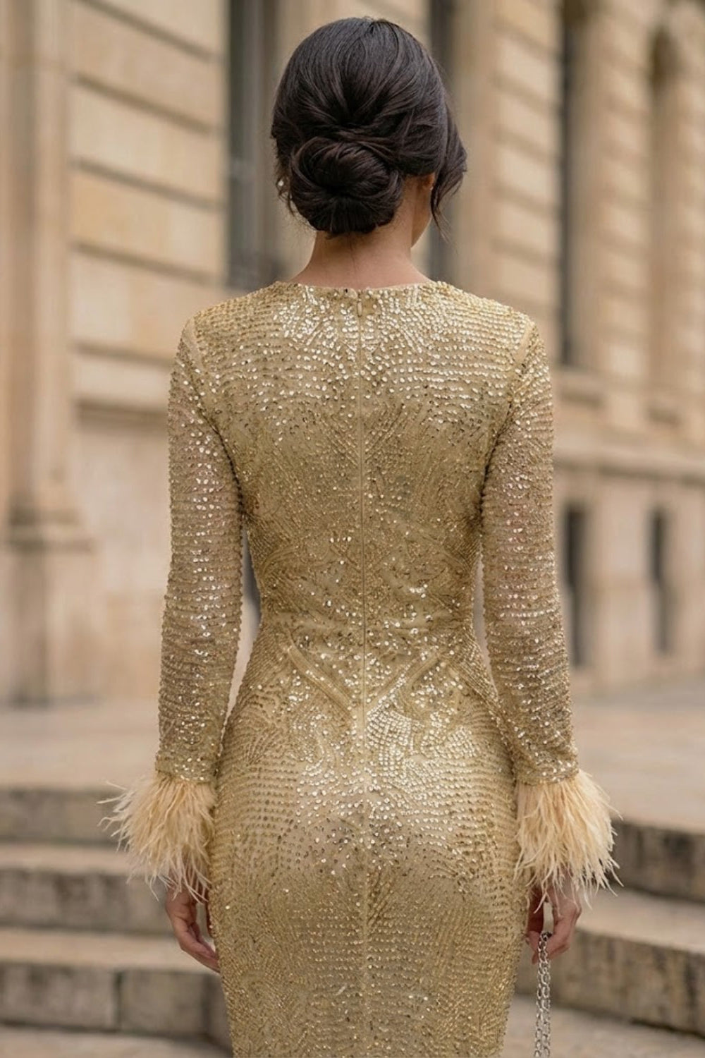 Sparkly Gold Bodycon Scoop Long Evening Dress with Feathers
