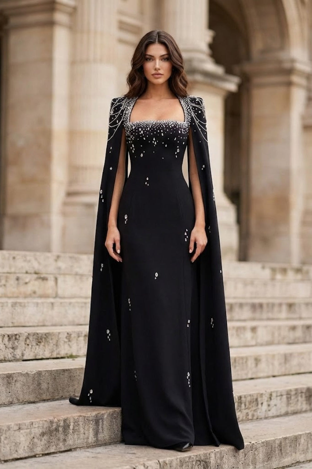 Vanadress Women Black A Line Long Formal Dress with Cape Square Neck Evening Dress with Beading