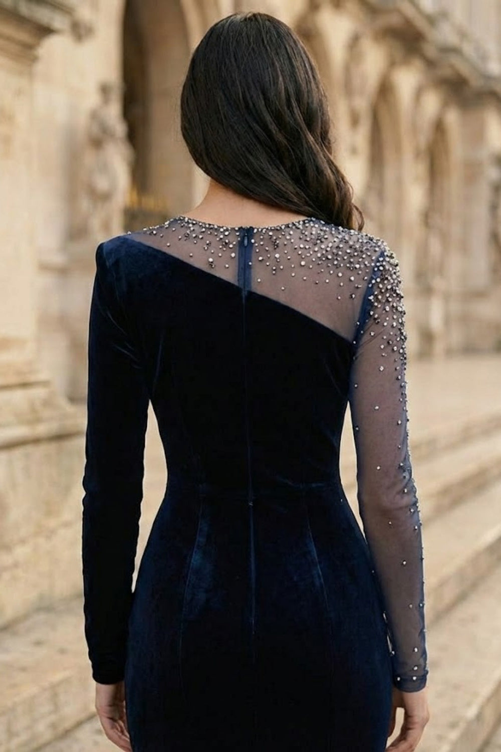 Dark Blue Sheath Illusion Neck Long Formal Dress with Rhinestone