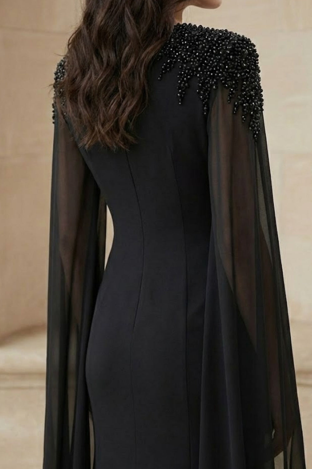 Black A Line Round Neck Long Formal Dress with Cape