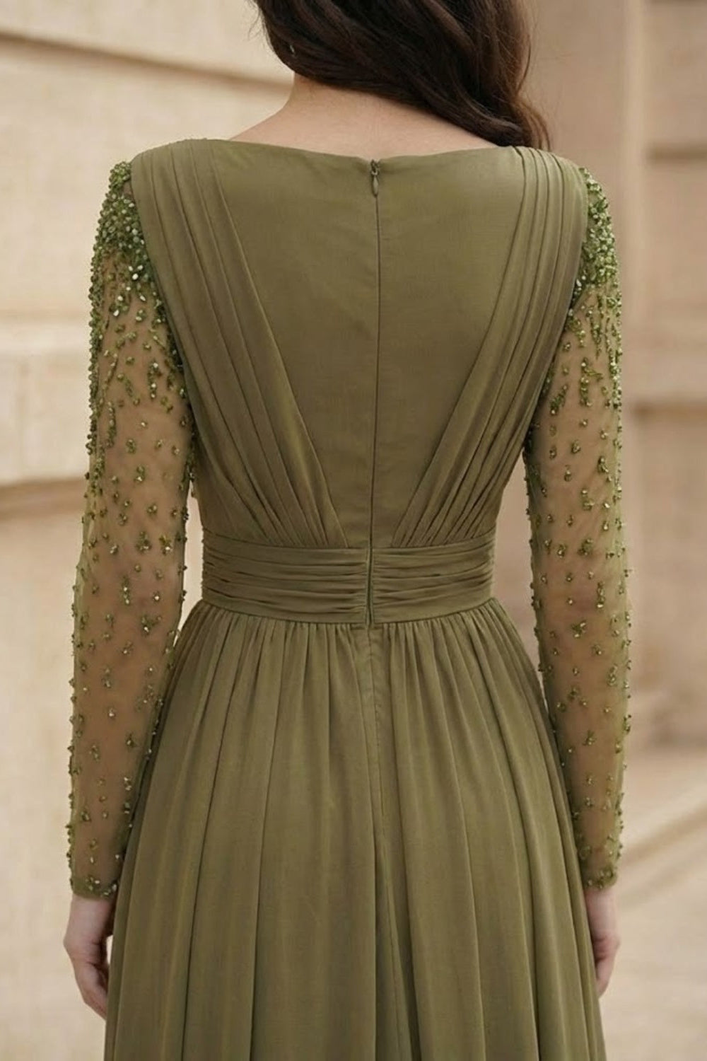 Olive Sheath Bateau Long Sleeves Formal Dress with Slit