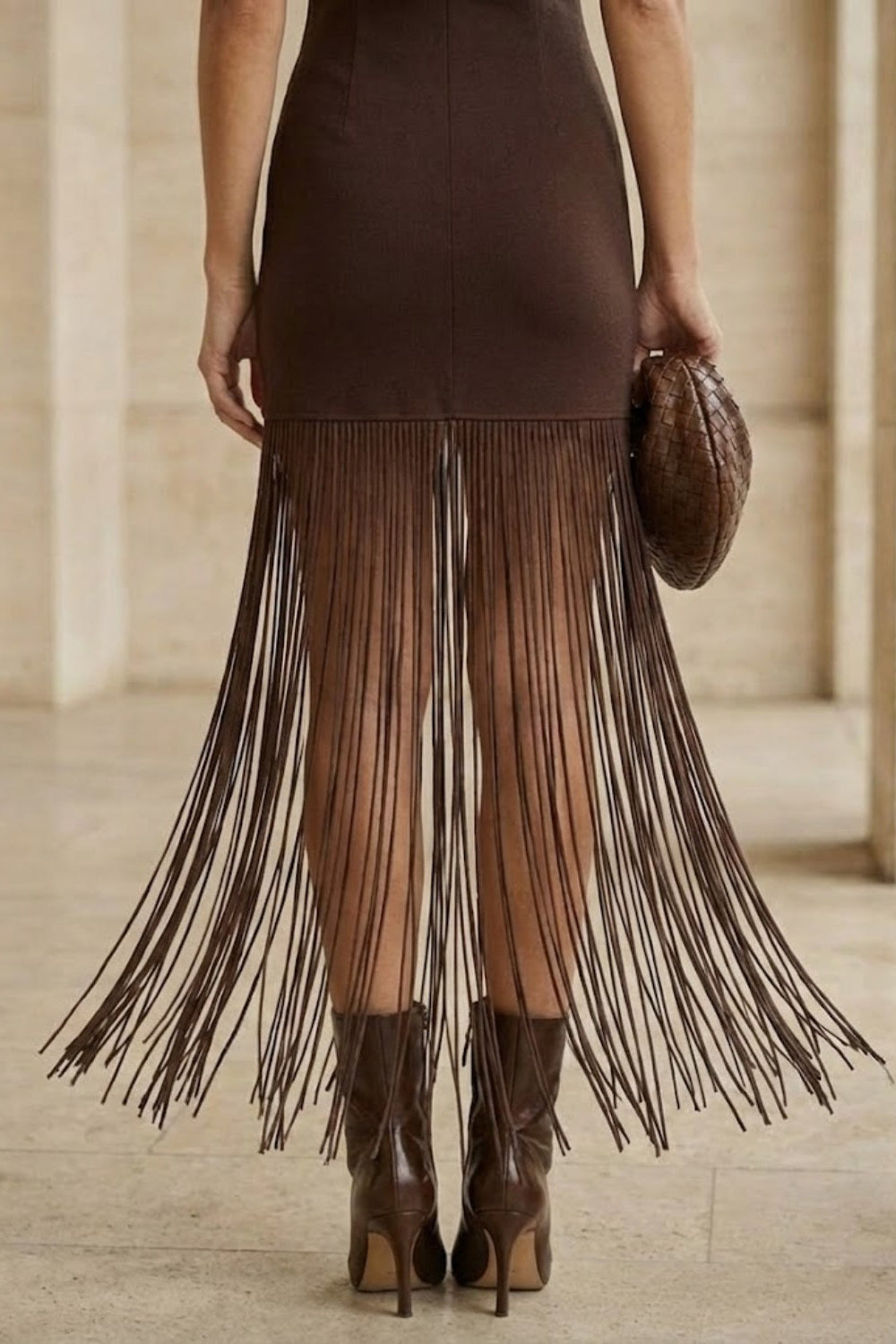 Brown Bodycon Midi Formal Dress with Fringes