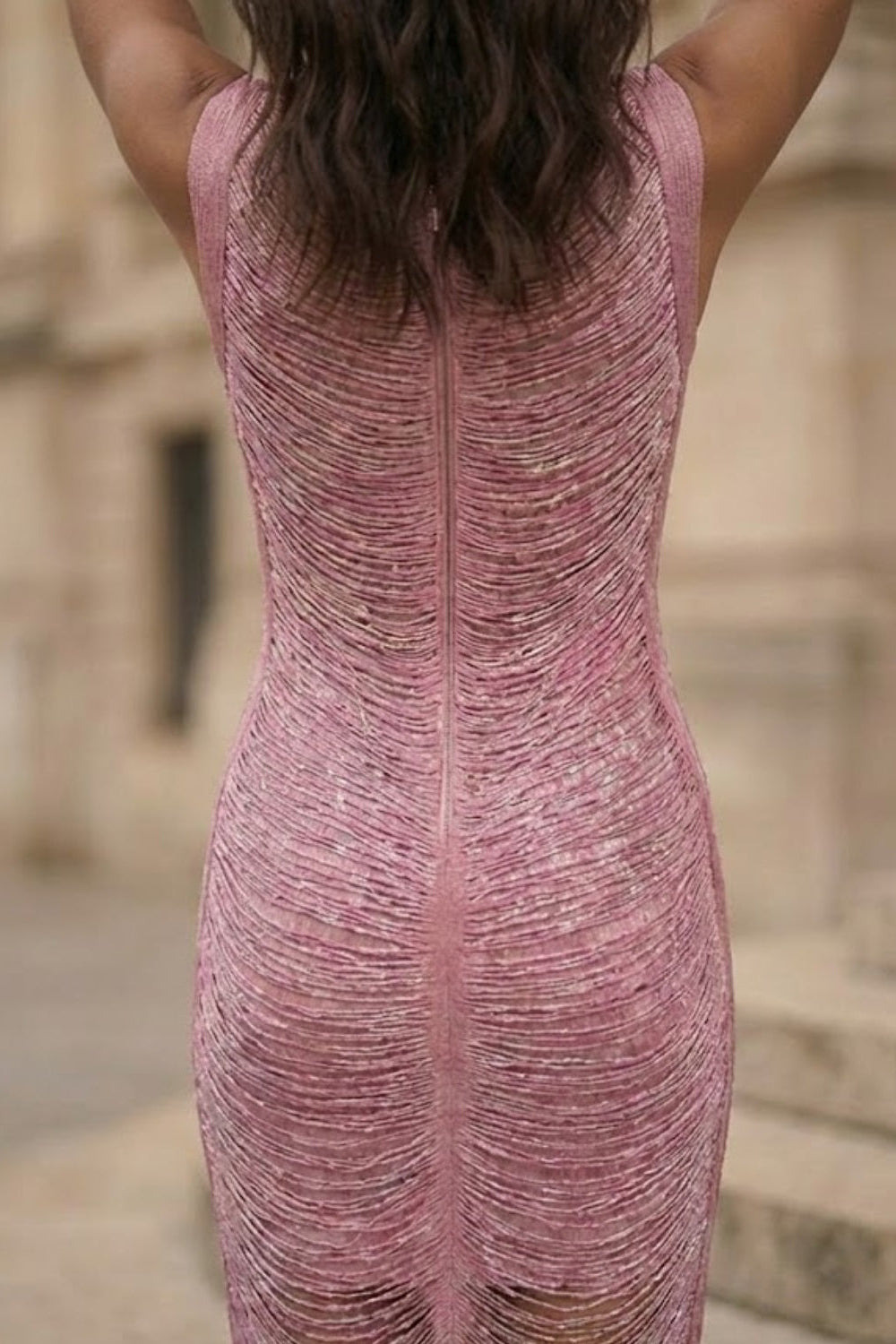 Pink Sheath Round Neck Ruched Midi Formal Dress with Fringes