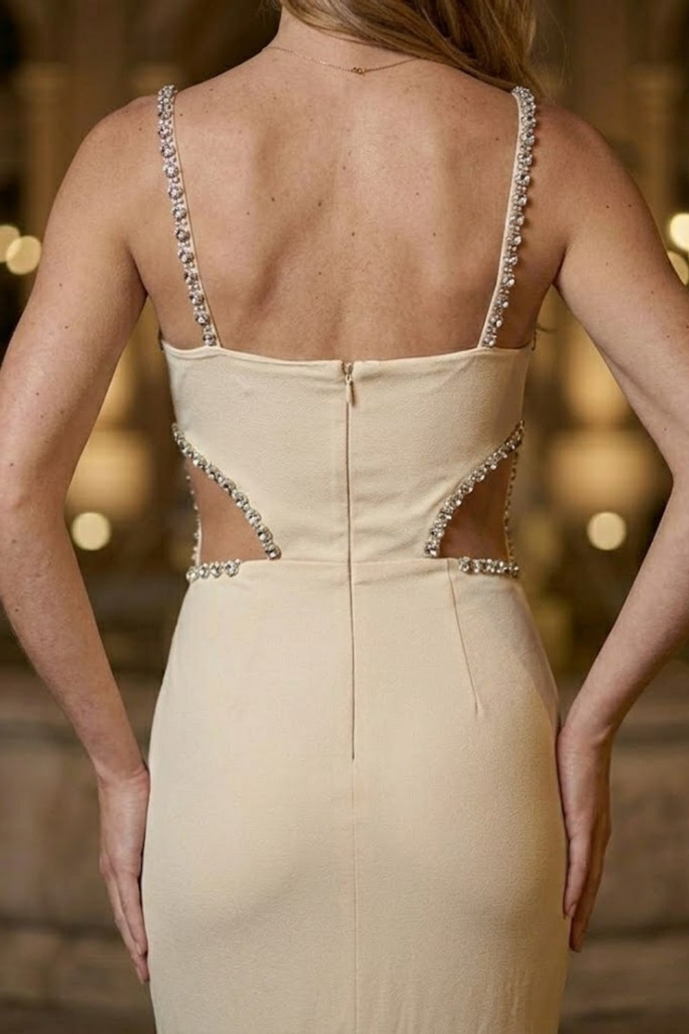 Apricot Mermaid Spaghetti Straps Long Formal Dress with Cut Out