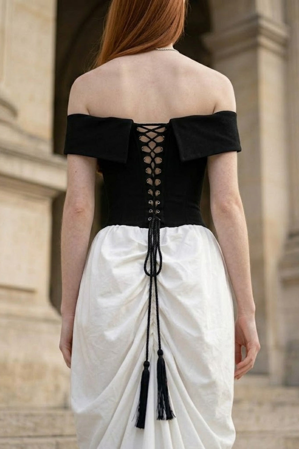Black and White Mermaid Off the Shoulder Ruched Long Formal Dress