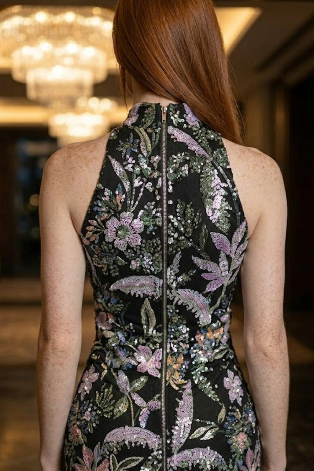 Black Floral Sheath High Neck Long Prom Dress