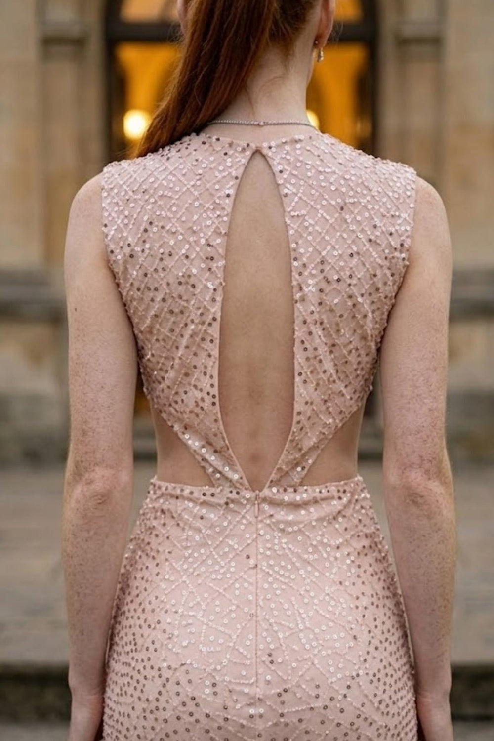 Sparkly Pink Sheath Scoop Long Prom Dress with Slit