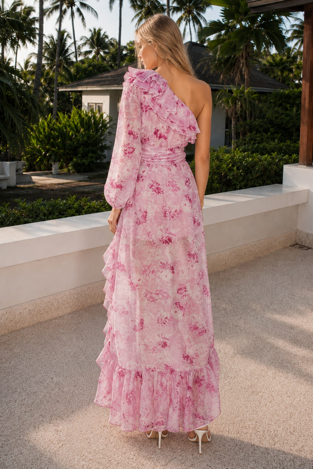 Pink Floral A Line One Shoulder Homecoming Dress with Ruffles