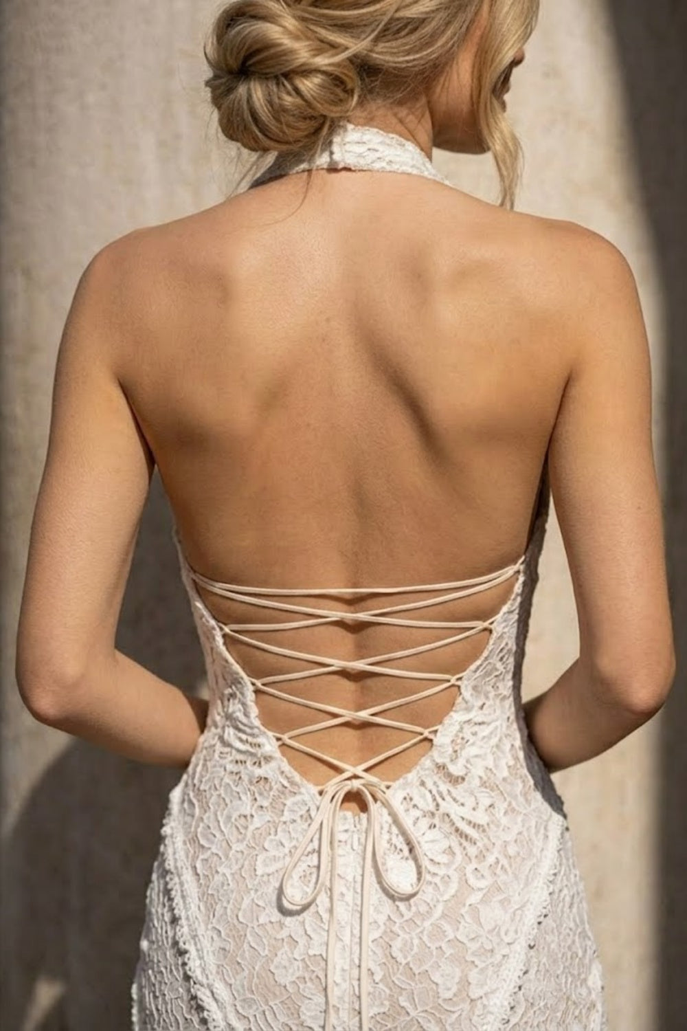White Mermaid Halter Long Wedding Dress with Lace