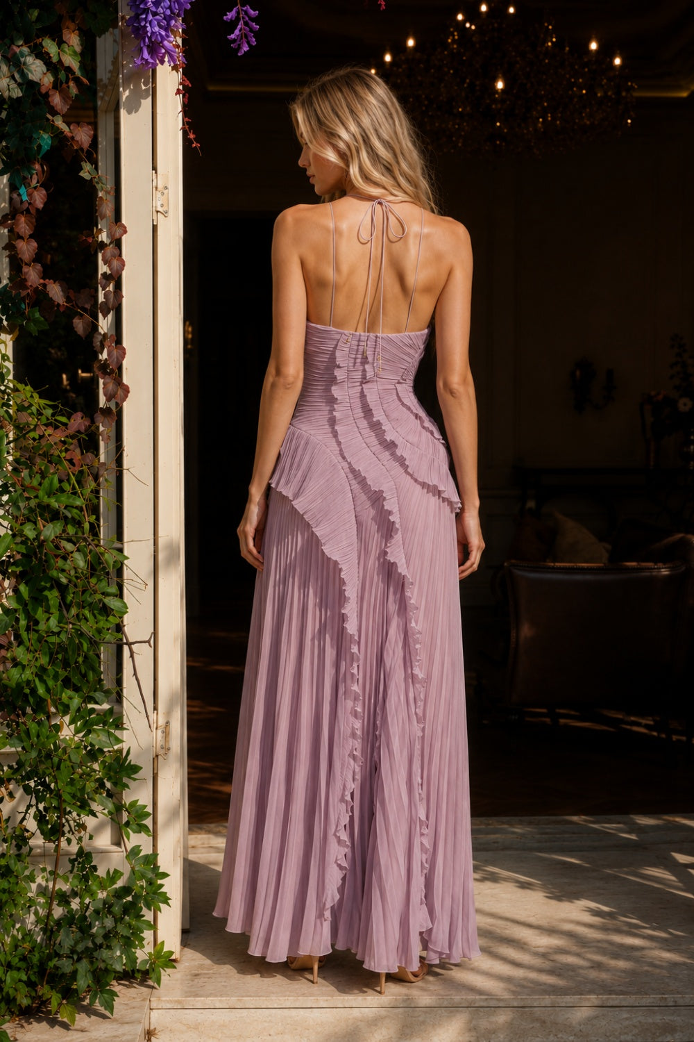 Mauve A Line One Shoulder Long Prom Dress with Ruffles