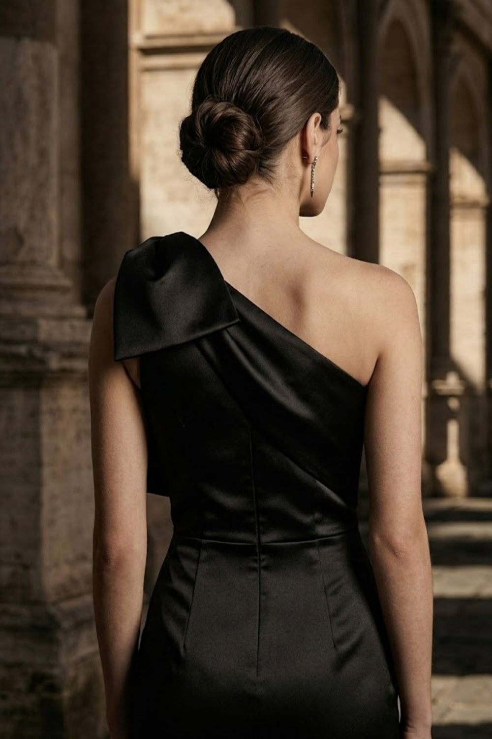 Black Sheath One Shoulder Long Formal Dress with Bow