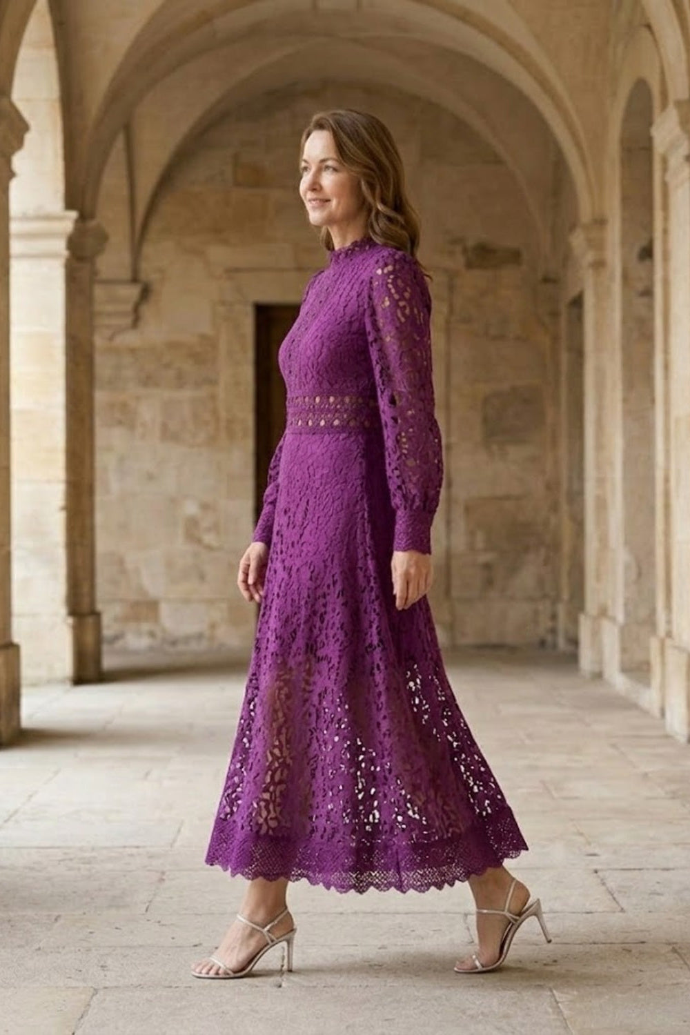 Purple A Line High Neck Long Mother of Bride Dress with Lace