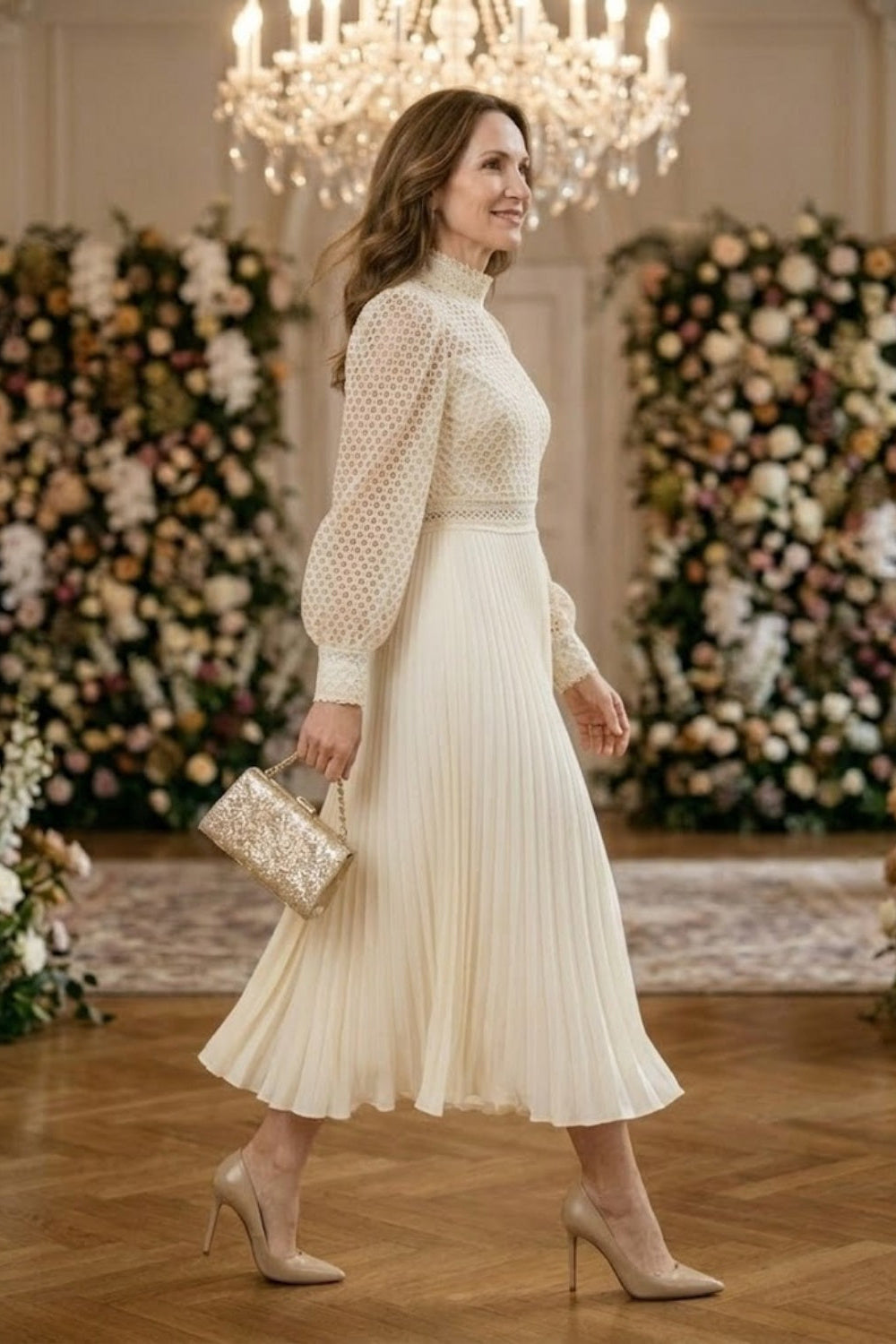 Ivory A Line High Neck Long Mother of Bride Dress with Lace Appliques