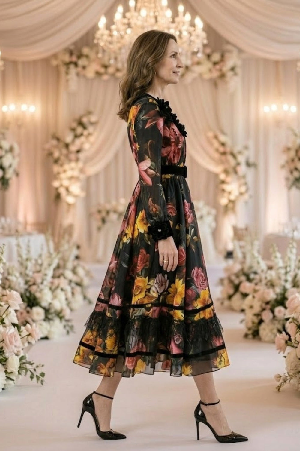 Black Floral A Line Scoop Long Mother of Bride Dress with Belt