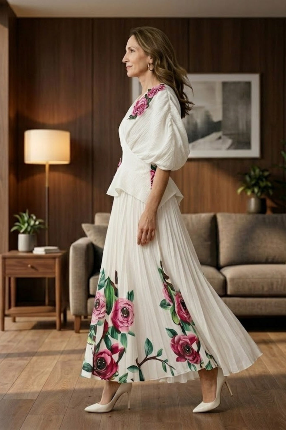 White Floral A Line V-Neck Long Mother of Bride Dress with Ruched