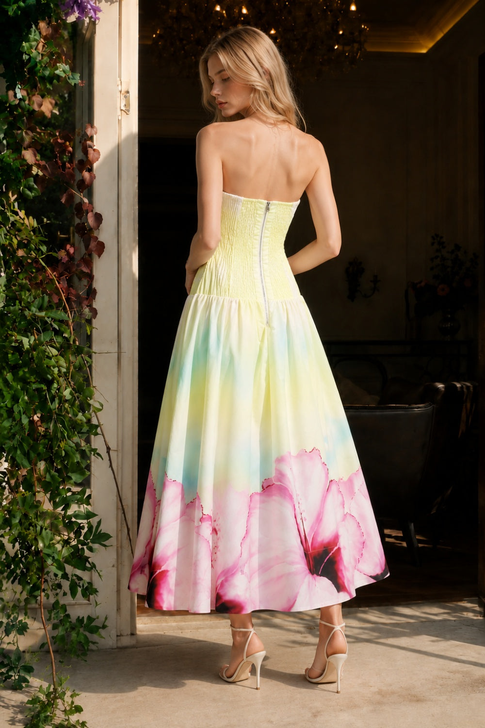 Green A Line Strapless Long Prom Dress with Floral Print