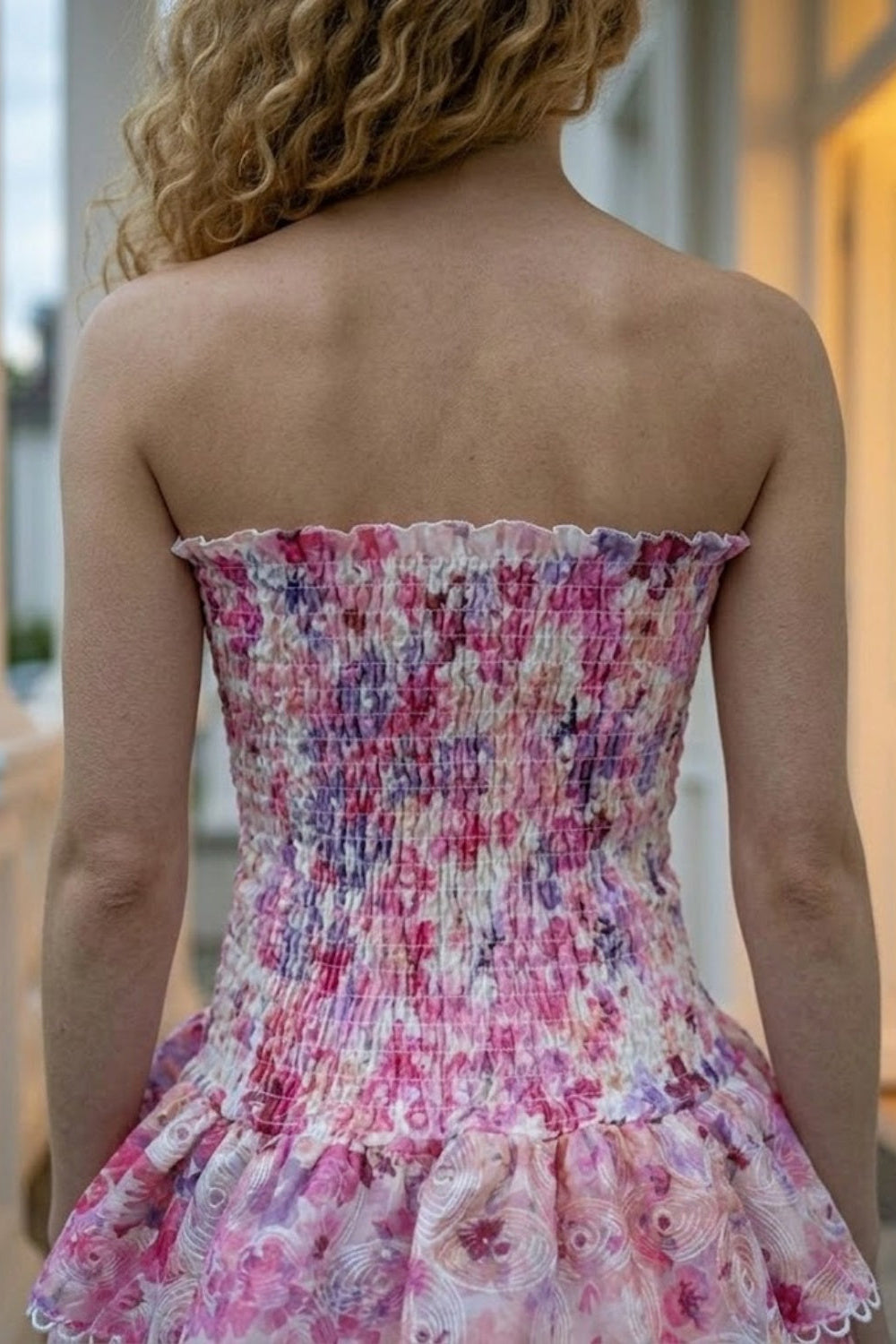 Pink Floral A Line Strapless Short Homecoming Dress with Ruffle