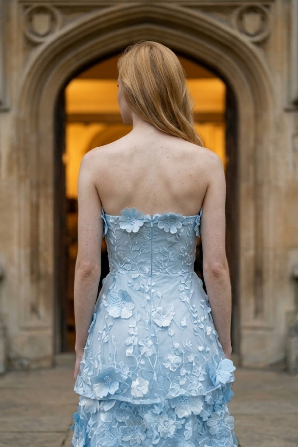 Floral Blue A Line Strapless Long Prom Dress with Appliques