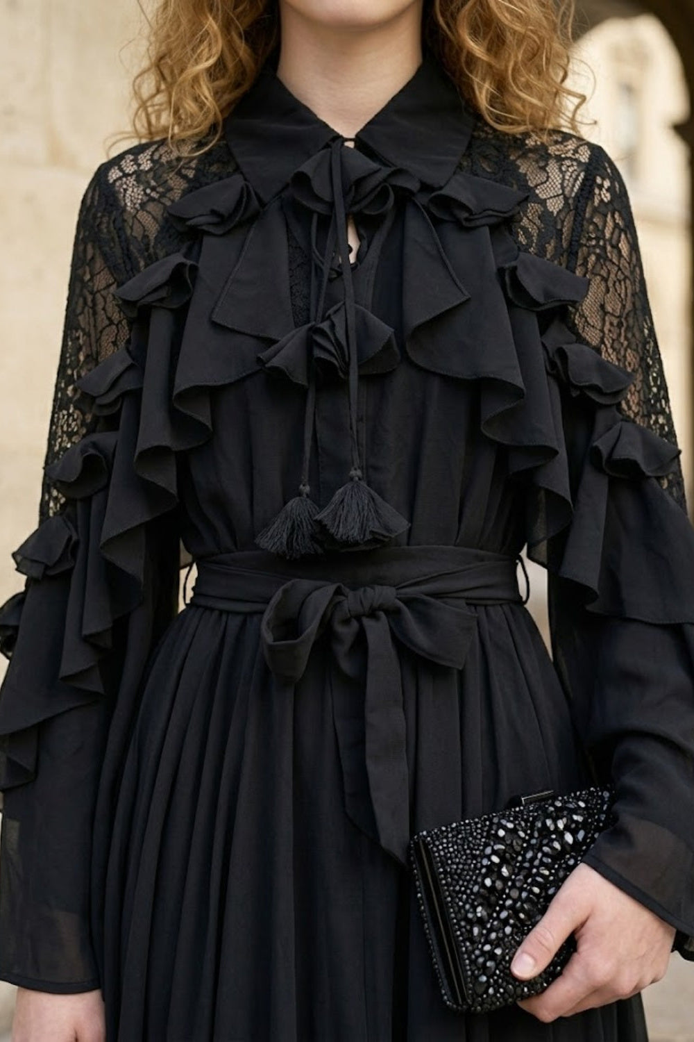 Black A Line Peter Pan Collar Midi Formal Dress with Ruffles