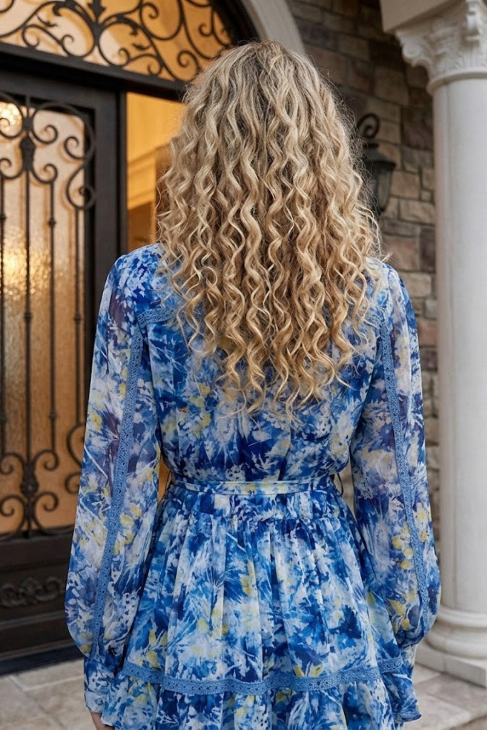 Blue Floral A Line Round Neck Long Prom Dress with Belt