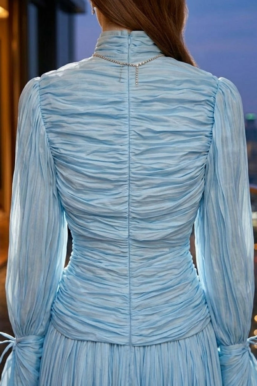 Sequin Blue A Line High Neck Long Prom Dress with Pleats