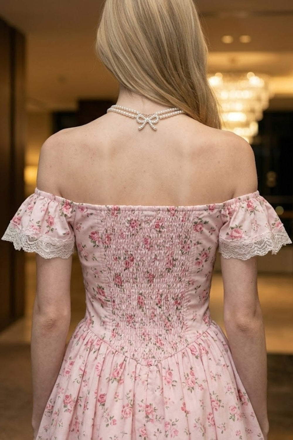 Pink Floral A Line Off the Shoulder Mini Homecoming Dress with Ruffle